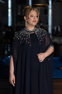 Long Navy Blue Chiffon Plus Size Evening Gown ABU5845