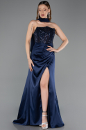 Long Navy Blue Satin Evening Dress ABU6276