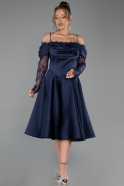 Midi Navy Blue Satin Plus Size Cocktail Dress ABK2652