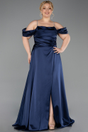 Long Navy Blue Satin Plus Size Evening Gown ABU6307