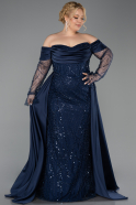 Long Navy Blue Beaded Plus Size Evening Gown ABU6093
