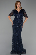 Long Navy Blue Beaded Plus Size Evening Dress ABU6334