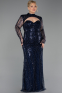 Long Navy Blue Beaded Plus Size Evening Gown ABU6357