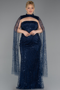 Long Navy Blue Beaded Plus Size Evening Gown ABU6346