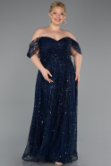 Long Navy Blue Beaded Plus Size Evening Gown ABU6347