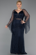 Long Navy Blue Beaded Plus Size Evening Gown ABU6350