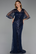 Long Navy Blue Beaded Plus Size Evening Dress ABU6389