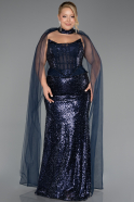 Navy Blue Long Beaded Plus Size Evening Dress ABU6479