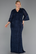 Long Navy Blue Beaded Plus Size Evening Gown ABU6501