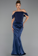Long Navy Blue Satin Mermaid Prom Dress ABU6525