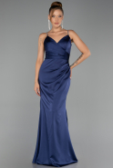 Long Navy Blue Satin Prom Gown ABU6499
