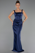 Long Navy Blue Satin Prom Gown ABU6542
