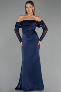 Long Navy Blue Satin Evening Dress ABU6555
