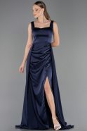 Long Navy Blue Satin Prom Gown ABU6572