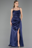 Long Navy Blue Satin Prom Gown ABU6584