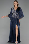 Long Navy Blue Chiffon Plus Size Evening Gown ABU6619