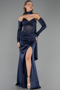 Long Navy Blue Satin Evening Dress ABU6616