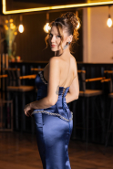 Long Navy Blue Satin Evening Dress ABU6655