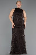 Long Dark Brown Beaded Plus Size Evening Gown ABU5063