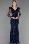 Long Navy Blue Beaded Plus Size Evening Gown ABU6661