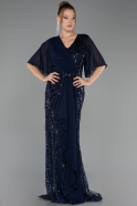 Long Navy Blue Beaded Plus Size Evening Dress ABU6689