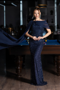 Long Navy Blue Beaded Evening Dress ABU5816
