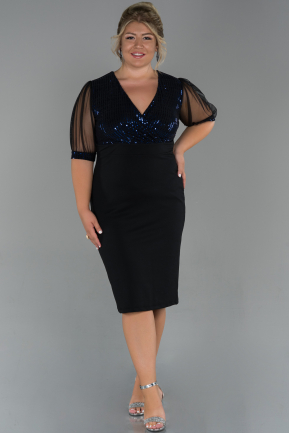 Black-Sax Blue Short Plus Size Evening Dress ABK857