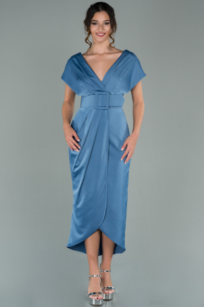 Midi Indigo Satin Plus Size Evening Dress ABK1499