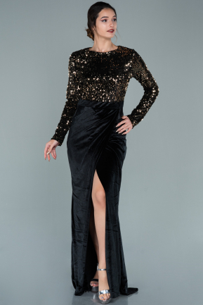 Black-Gold Long Sequined Velvet Evening Dress ABU1932