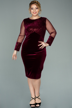 Short Burgundy Sequined Velvet Plus Size Evening Dress ABK1152