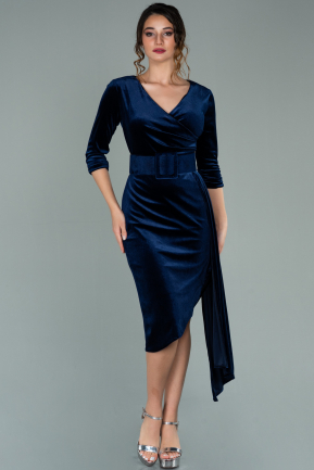 Short Navy Blue Velvet Invitation Dress ABK1160