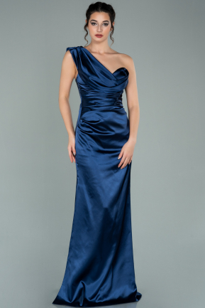 Long Navy Blue Satin Prom Gown ABU2047