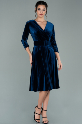 Short Navy Blue Velvet Invitation Dress ABK1179