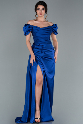 Sax Blue Long Satin Engagement Dress ABU1606