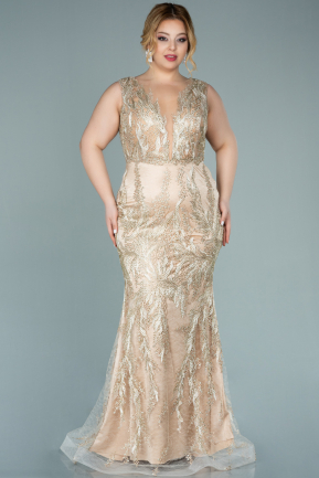 Long Gold Laced Plus Size Evening Dress ABU2106