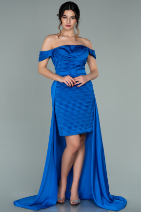Front Short Back Long Sax Blue Satin Prom Gown ABO075