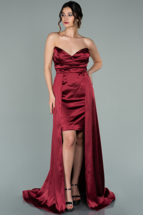 Front Short Back Long Burgundy Satin Prom Gown ABO074