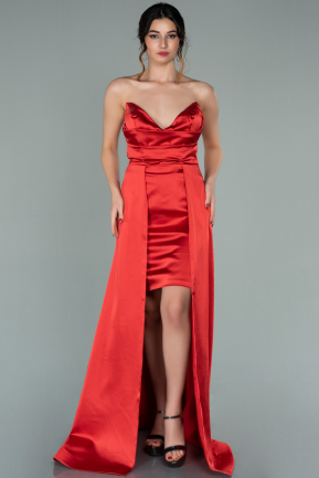 Front Short Back Long Red Satin Prom Gown ABO074