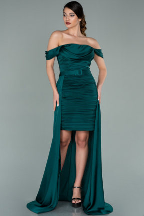 Front Short Back Long Emerald Green Satin Prom Gown ABO075