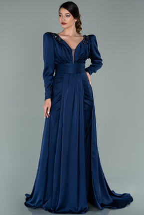 Long Navy Blue Satin Evening Dress ABU2112