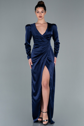 Long Navy Blue Satin Evening Dress ABU2126