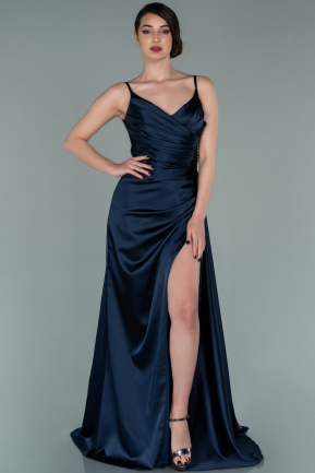 Long Navy Blue Satin Prom Gown ABU2273