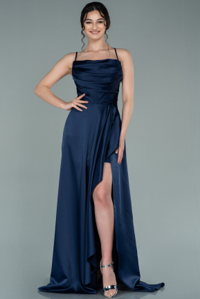Long Navy Blue Satin Prom Gown ABU2289