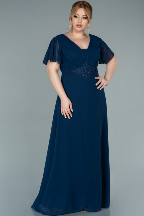 Long Navy Blue Chiffon Plus Size Evening Dress ABU2308