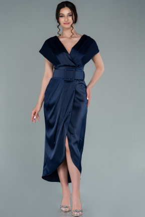 Midi Navy Blue Satin Plus Size Evening Dress ABK1499