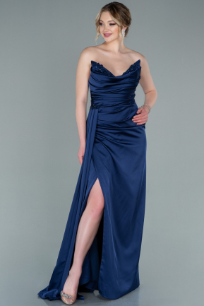 Long Navy Blue Satin Evening Dress ABU2323