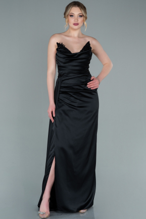 Long Black Satin Prom Gown ABU2725