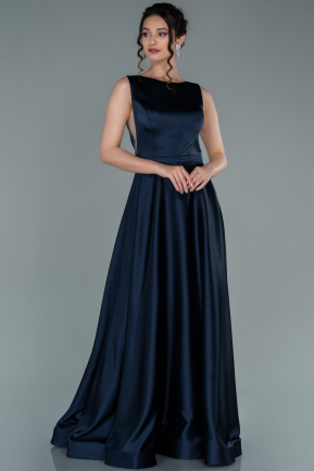 Long Navy Blue Satin Prom Gown ABU2350
