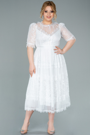 Midi White Dantelle Plus Size Evening Dress ABK1396