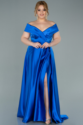 Long Sax Blue Satin Plus Size Evening Dress ABU2355